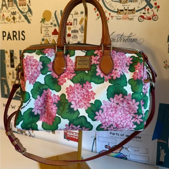 Dooney & Bourke Pink and Green Hydrangea Floral Satchel - Picture 1 of 9